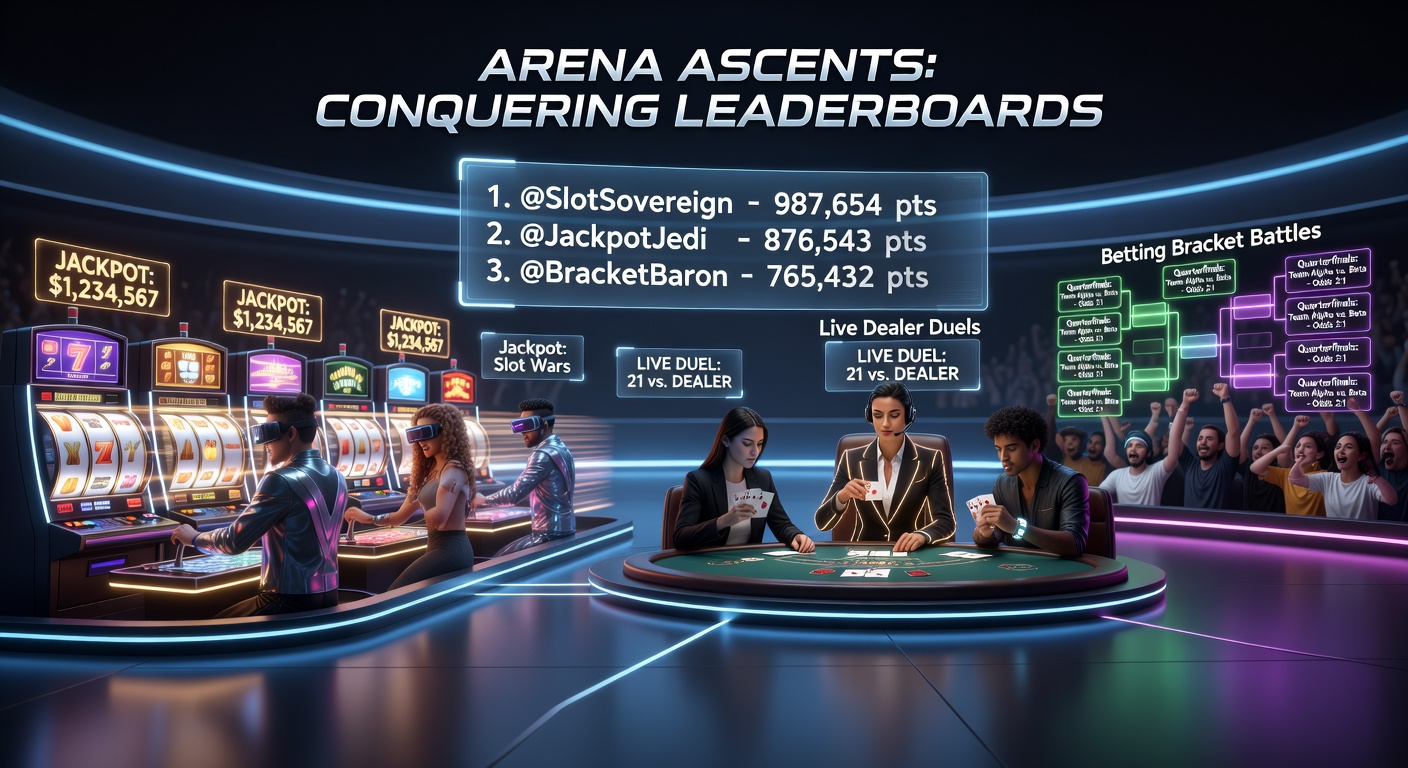 Spelers strijden om de top op een bruisend leaderboard in een online casino-arena met jackpot slots en live dealers