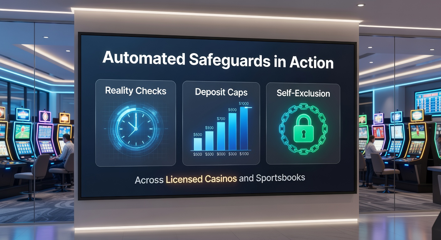 Grafiek met voorbeelden van automatische veiligheidsfuncties in online gokken, inclusief timers voor realiteitschecks en limietinstellingen