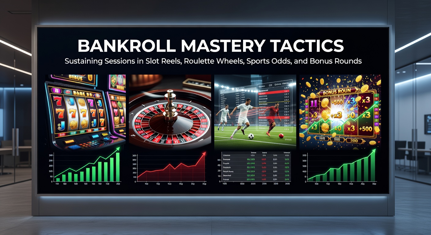 Grafiek met bankroll-curves die sessieduur tonen in slots en roulette, met stijgende lijnen voor effectieve tactieken