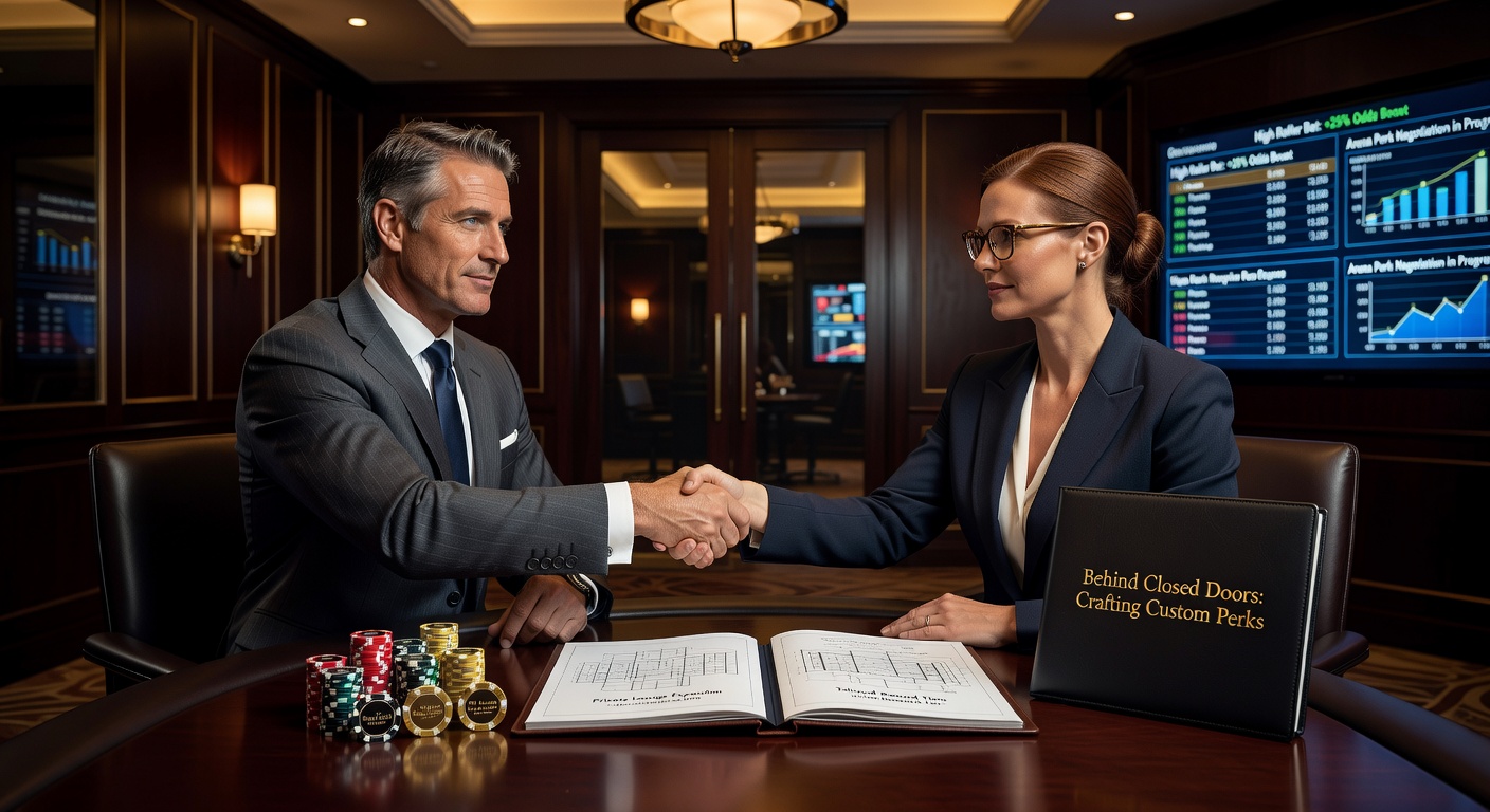 Highroller schudt hand met casino host in luxe VIP-kamer van een gelicenseerd casino, met champagne en speelkaarten op tafel