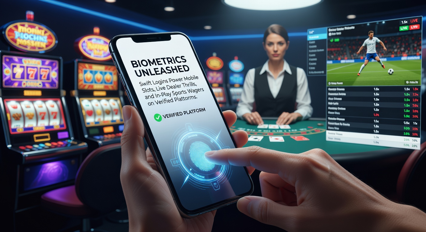Afbeelding van een smartphone met biometrische vingerafdrukscanner die een mobiel casino-app ontgrendelt, met slots en live dealer tafels op het scherm