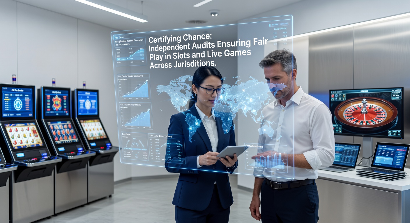 Onafhankelijke auditoren testen slotmachines en live dealer tafels op eerlijkheid, met certificaten zichtbaar op schermen in diverse casino's wereldwijd