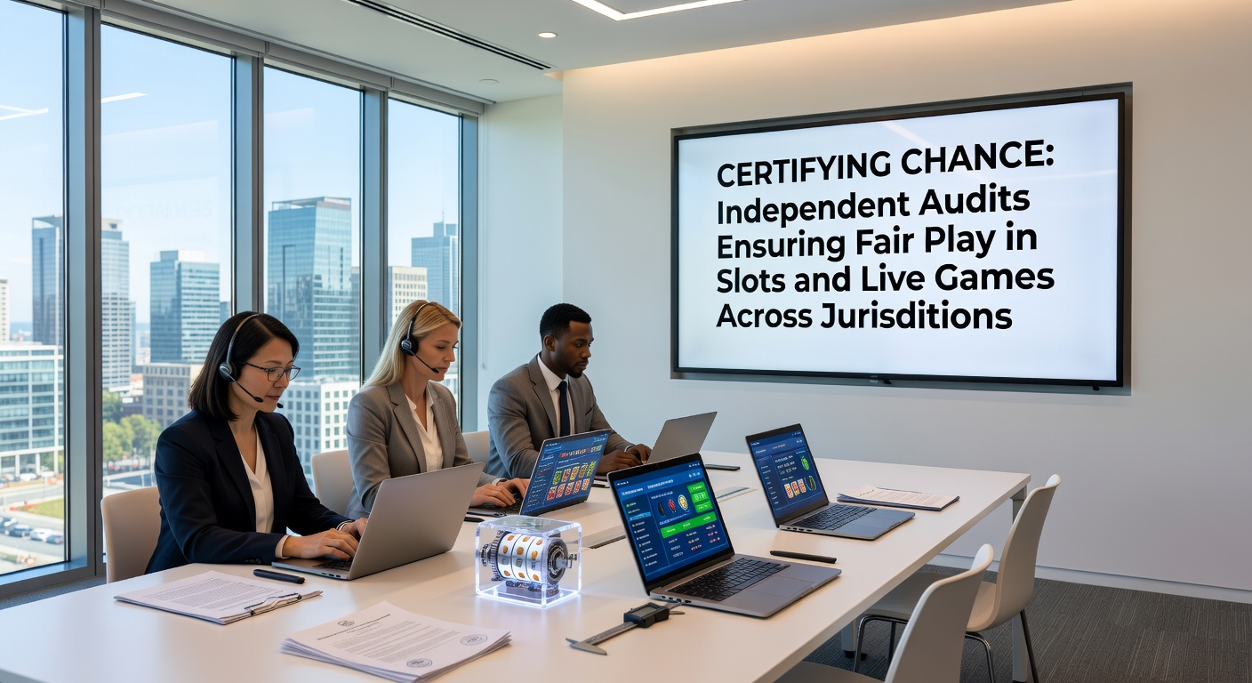 Certificaat van een onafhankelijke auditor op een live roulette tafel, met auditors aan het werk in een high-tech testlab