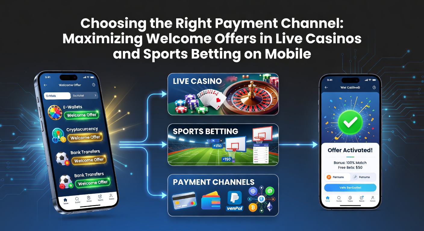Mobiele interface van een live casino met betaalopties en welkomstbonus weergegeven op een smartphone-scherm, inclusief sportweddenschappen icoontjes