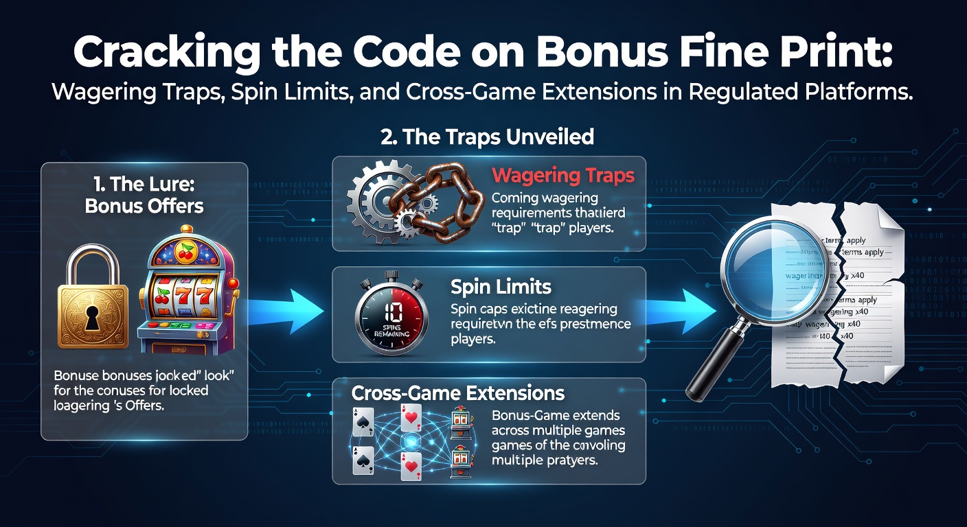 Grafiek met voorbeelden van bonusvoorwaarden en wagering eisen op een gereguleerd gokplatform, inclusief tabellen met spinlimieten en cross-game regels
