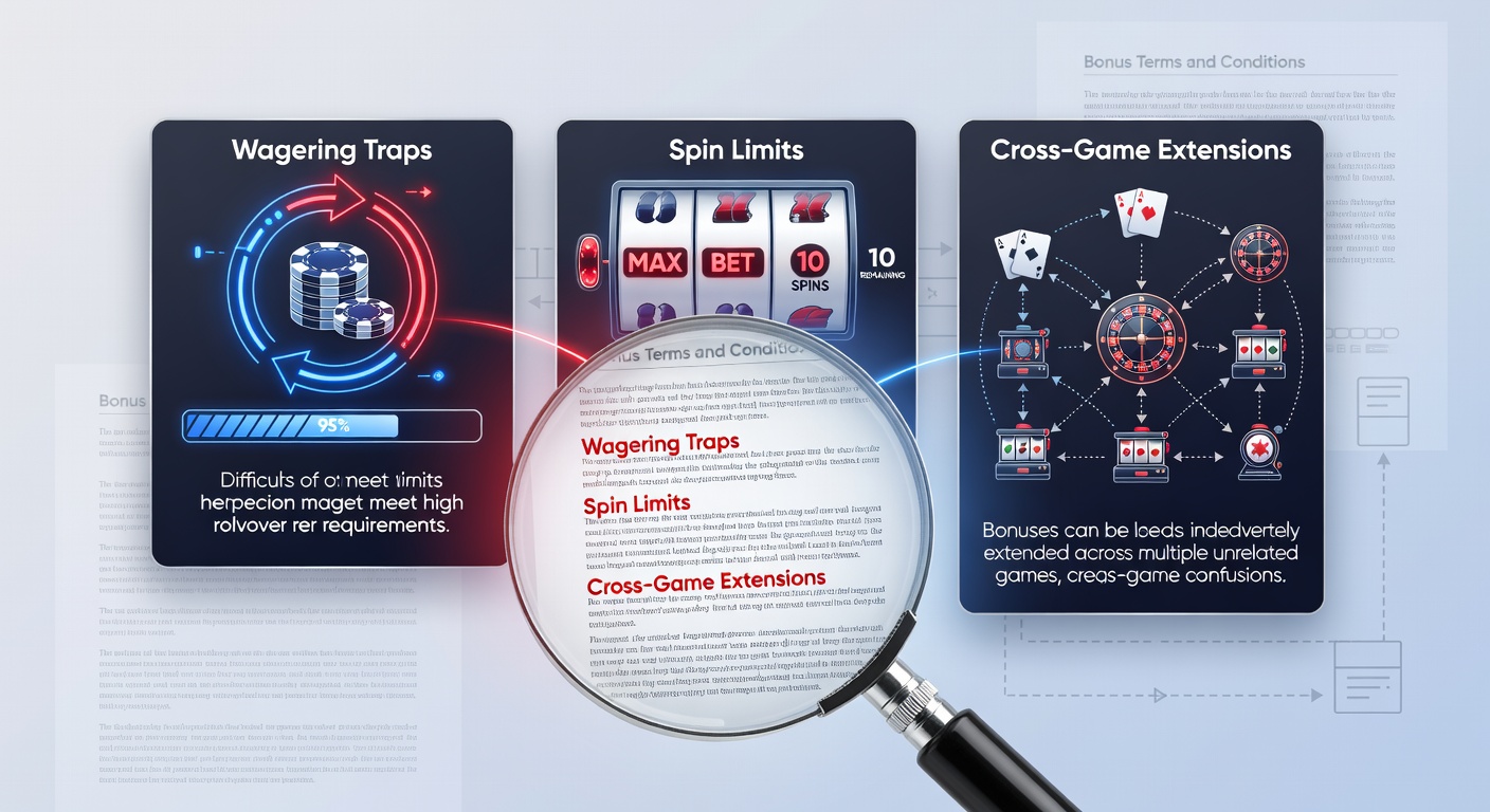 Illustratie van cross-game bonus tracking op een dashboard van een gereguleerd platform, met pijlen die wagering voortgang tonen tussen slots, tafelspellen en live dealers
