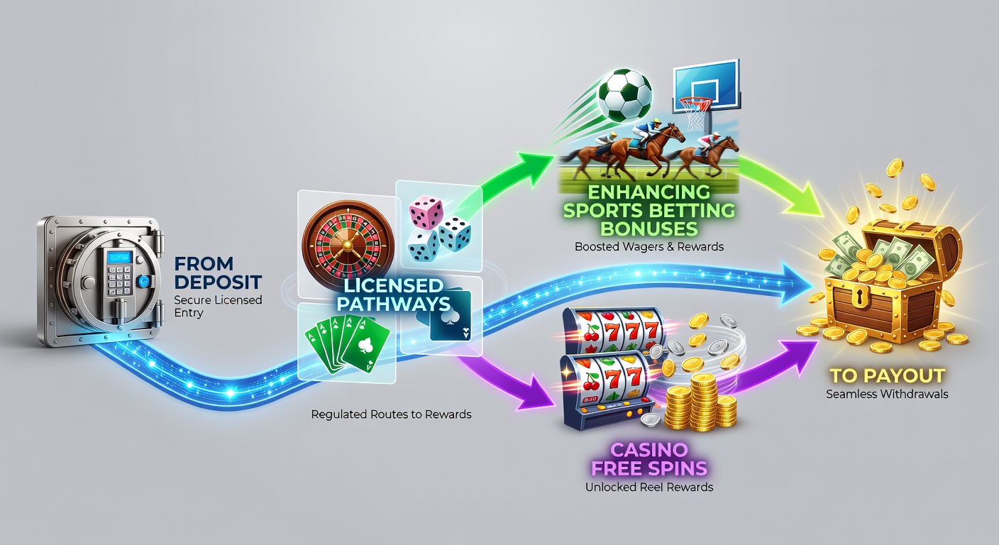 Grafische weergave van een geldstroom van storting naar uitbetaling in een gelicenseerd online casino en sportweddenschap platform, met iconen voor bonussen en free spins