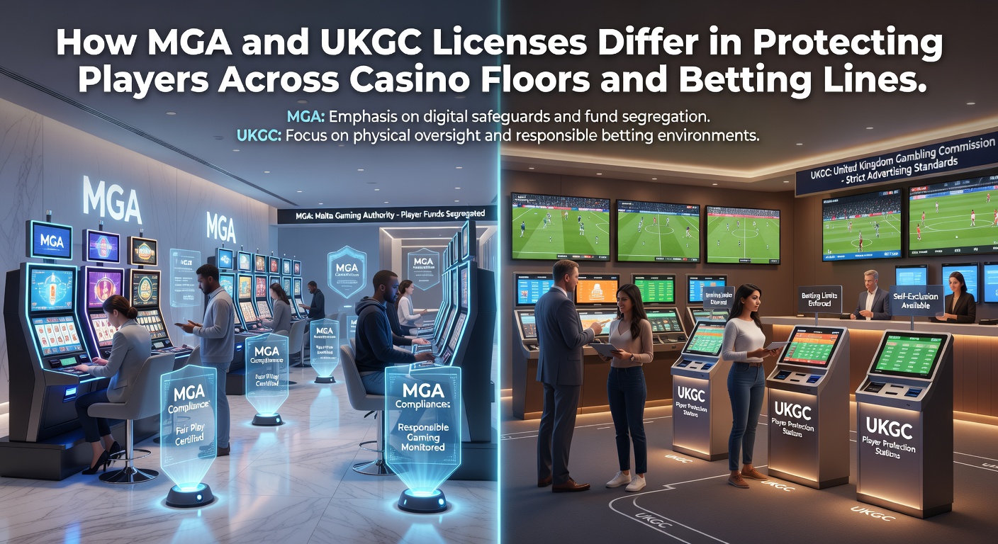 Vergelijking van MGA en UKGC licentielogo's met casinofloeren en weddijngrafieken op de achtergrond