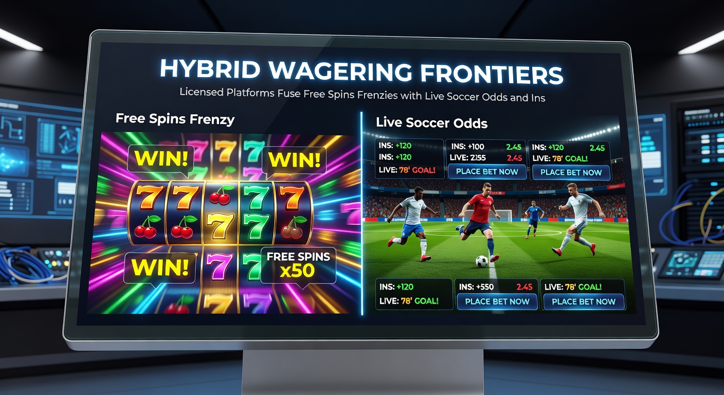 Dynamische weergave van live dealer blackjack naast een live voetbalwedstrijd met odds en een draaiend slot met gratis spins op een hybride interface