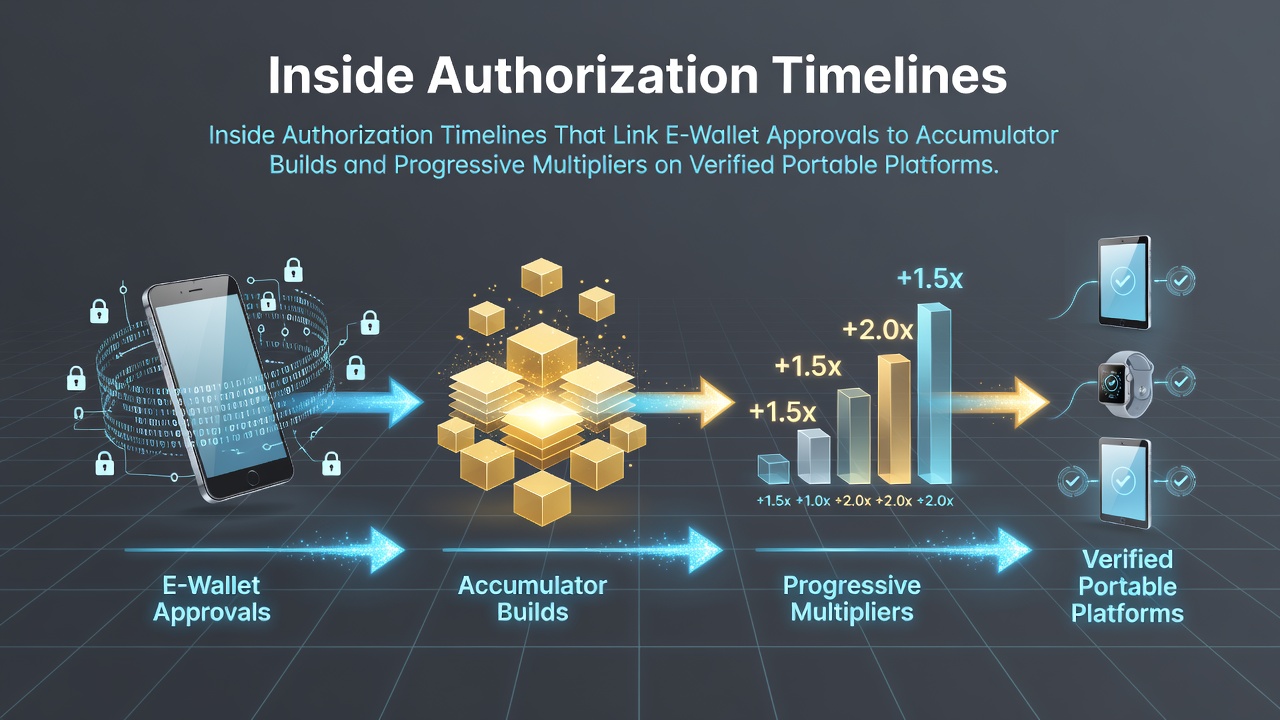 Diagram van autorisatietermijnen in e-wallets gekoppeld aan accumulator builds en multipliers op mobiele platforms