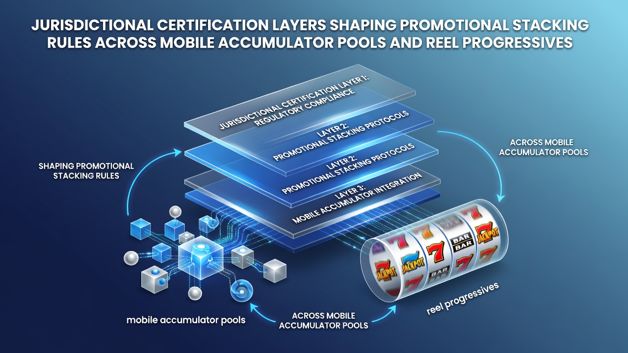 Illustratie van gelaagde certificeringsprocessen in mobiele goksystemen met focus op accumulator pools en progressieve reels