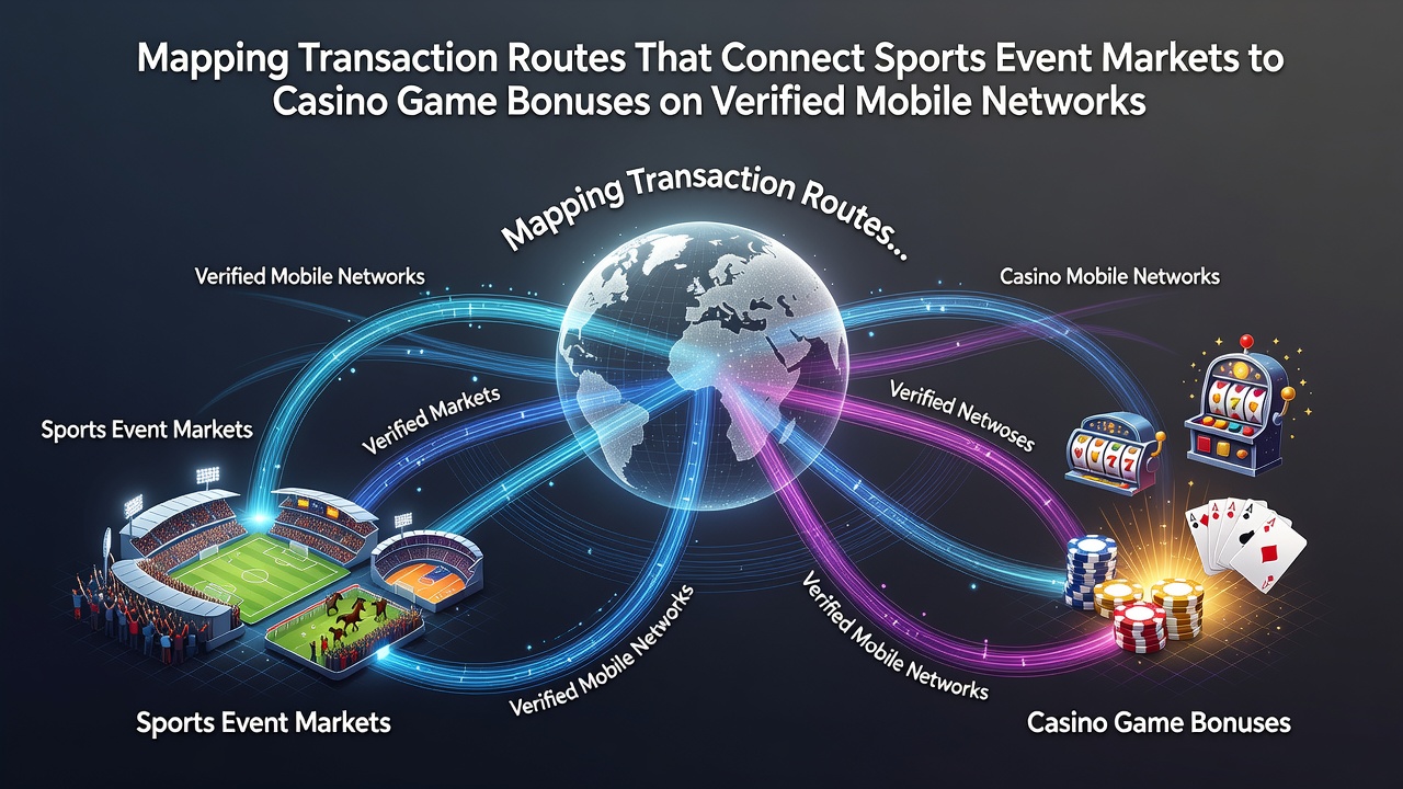 Illustratie van transactieroutes die sportevenementen verbinden met casino bonussen via mobiele verificatie