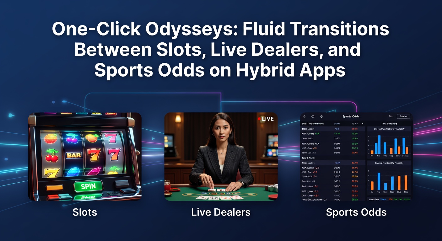 Schermafbeelding van een hybride gokapp met slots, live dealer tafels en sportweddenschappen die naadloos overlopen in één klik