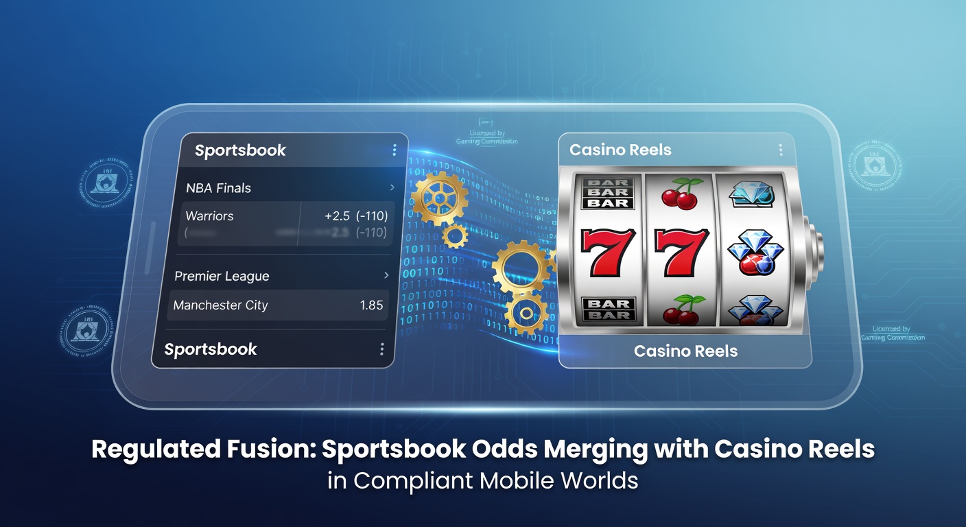 Mobiele interface waar sportsbook-koersen en casinoreels naadloos samenkomen op een gereguleerd platform, met live odds en draaiende slots zichtbaar naast elkaar