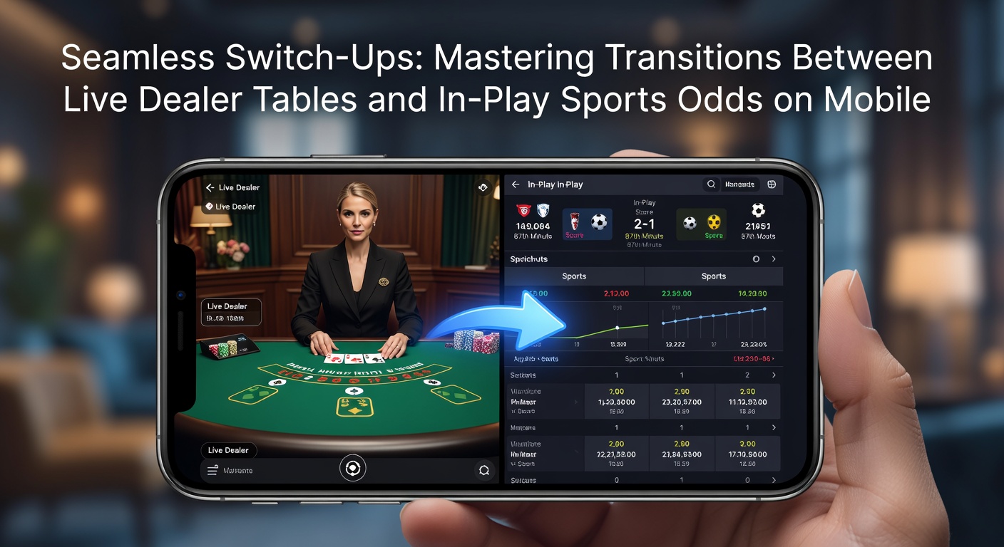 Mobiele interface toont een speler die snel wisselt tussen een live blackjack tafel en in-play odds voor een voetbalwedstrijd, met vloeiende animaties en één-tap navigatie