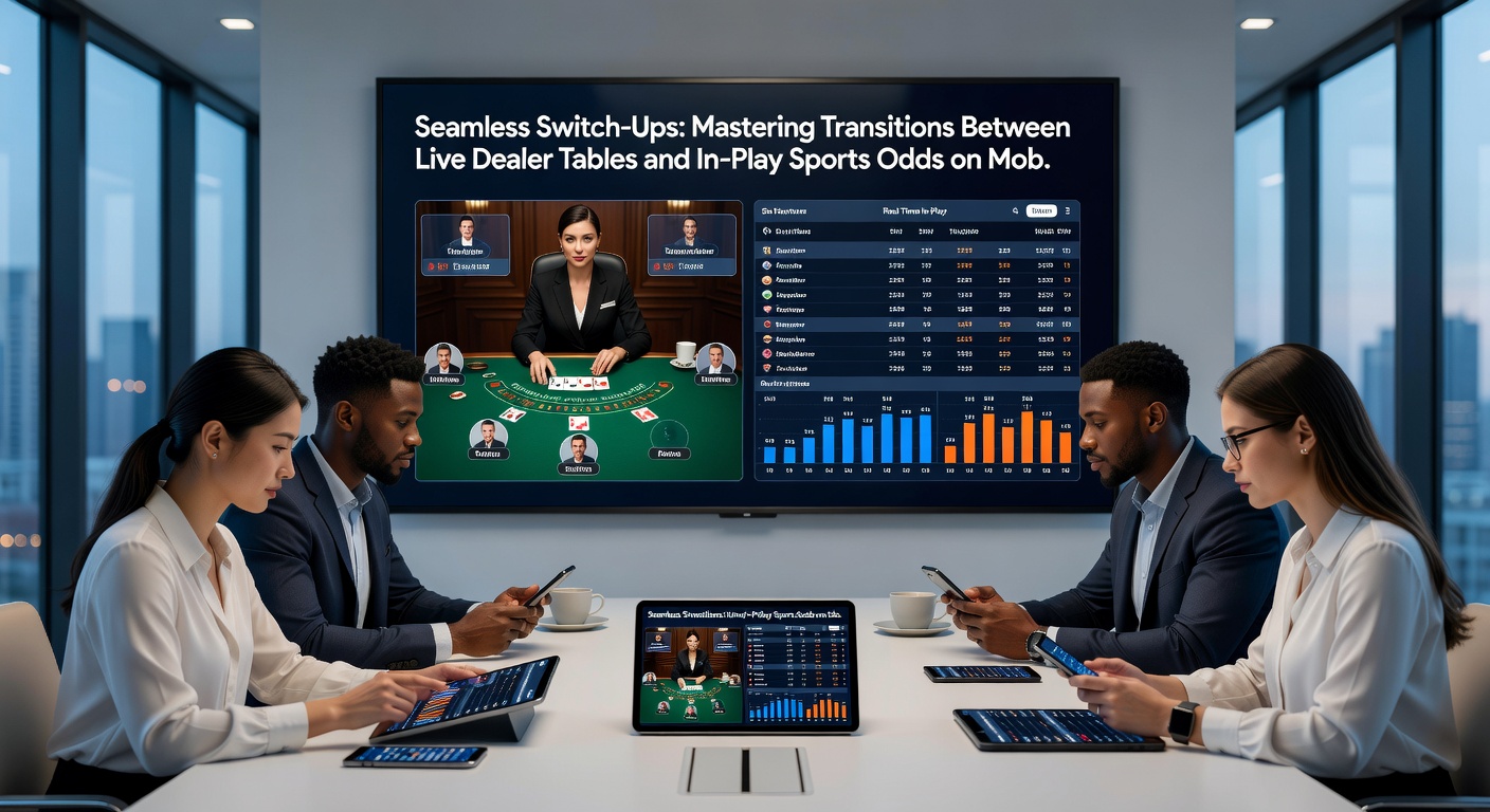 Schermafbeelding van een mobiele app met split-screen view: links een live dealer baccarat spel, rechts live odds voor een basketbalwedstrijd, met een swipe-gebaar dat de focus verschuift