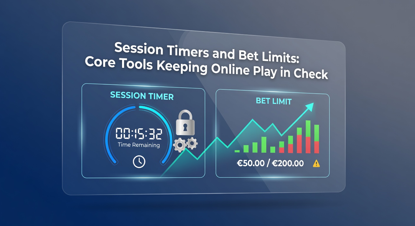 Grafiek die sessietimers en inzetlimieten illustreert in online casino interfaces, met klokken en limietbalken op een smartphone-scherm