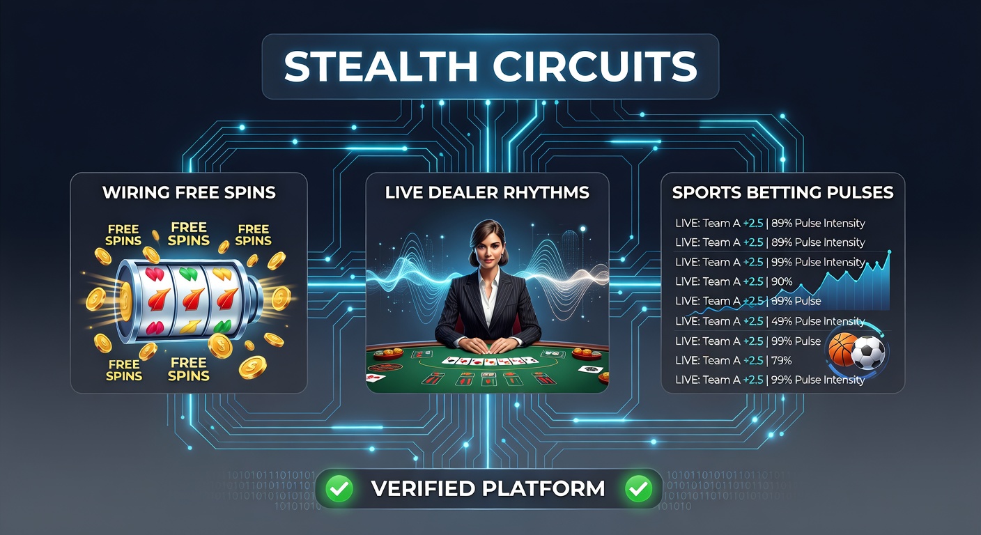 Dynamische flowchart van stealth circuits die free spins, live dealers en sport bets verbinden op een digitaal platform