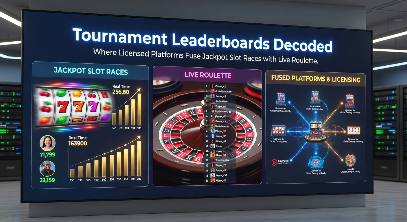 Speler aan een live roulette tafel met overlay van slot jackpot teller en sportpool odds, geïntegreerd in een toernooi leaderboard