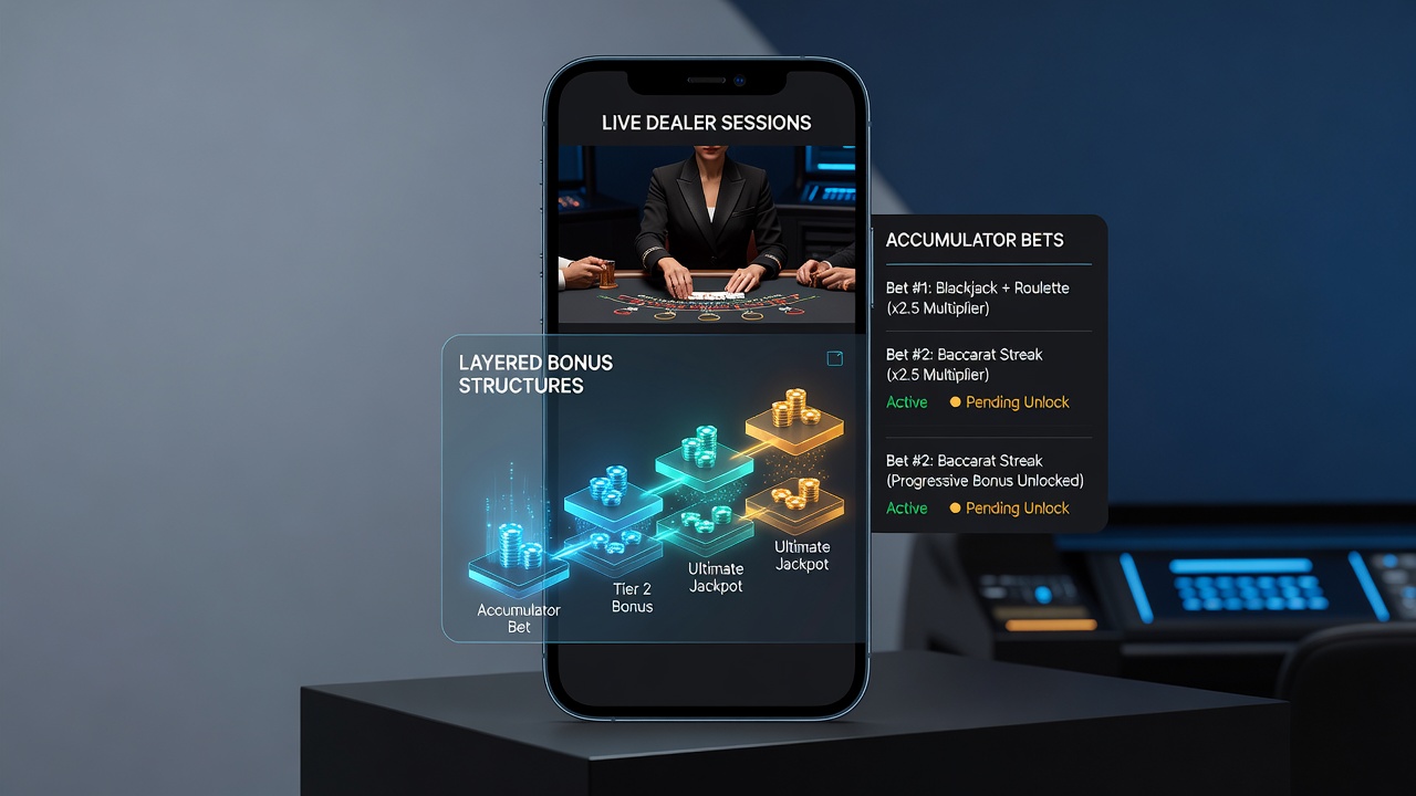 Smartphone scherm met gekoppelde live blackjack en accumulator bet slip in een gelicentieerde app