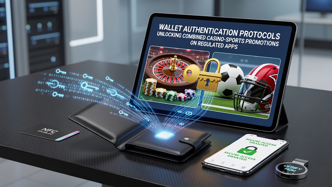 Illustratie van beveiligde wallet authenticatie in een mobiele gokapp met casino en sportelementen