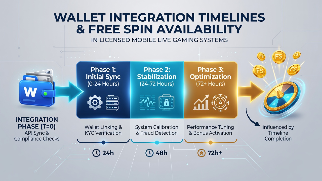 Diagram van integratietijdlijnen voor portemonnees en effect op gratis spins in gelicenseerde live gaming